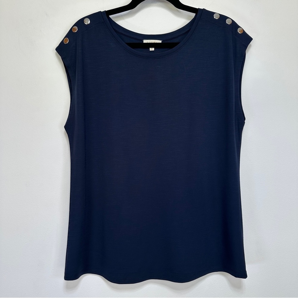 Laura Navy Boat Neck Top Nautical Button Shoulder Blouse M Coastal Grandma
